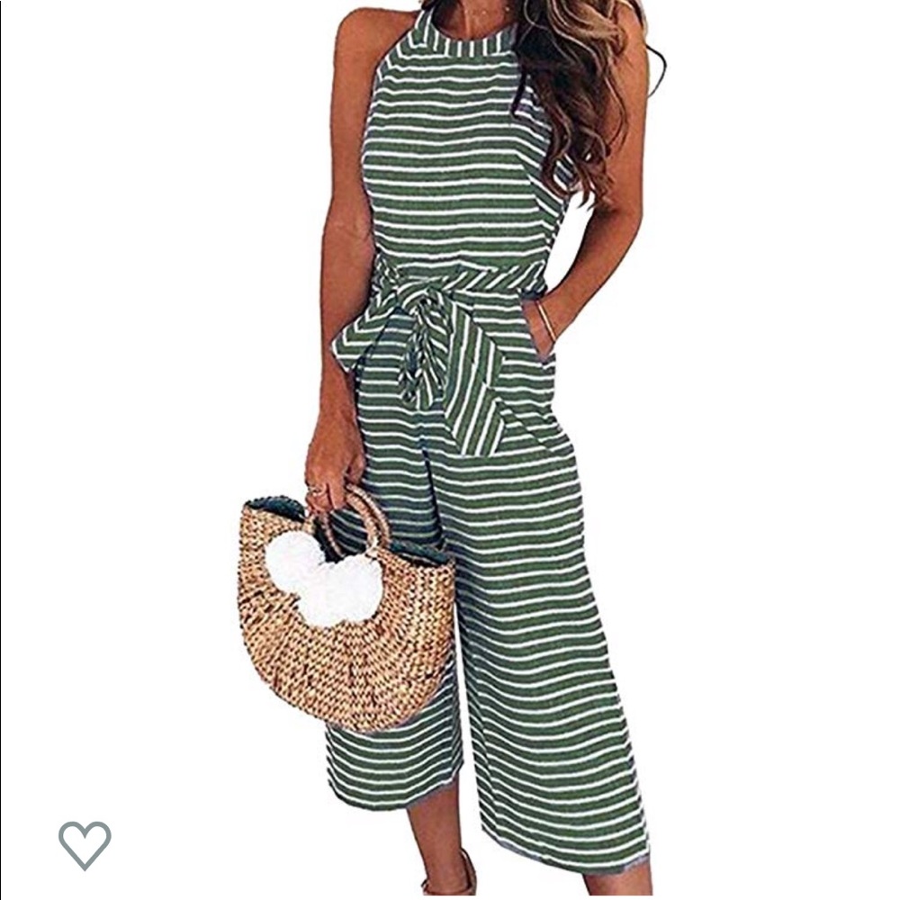 Green striped linen Jumpsuit with Pockets